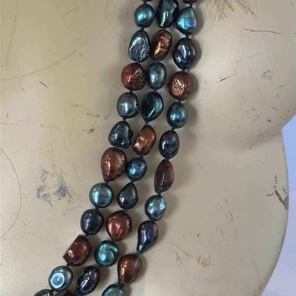 HAND MADE‎ BROWN BLUE SEED BEADS LONG NECKLACE